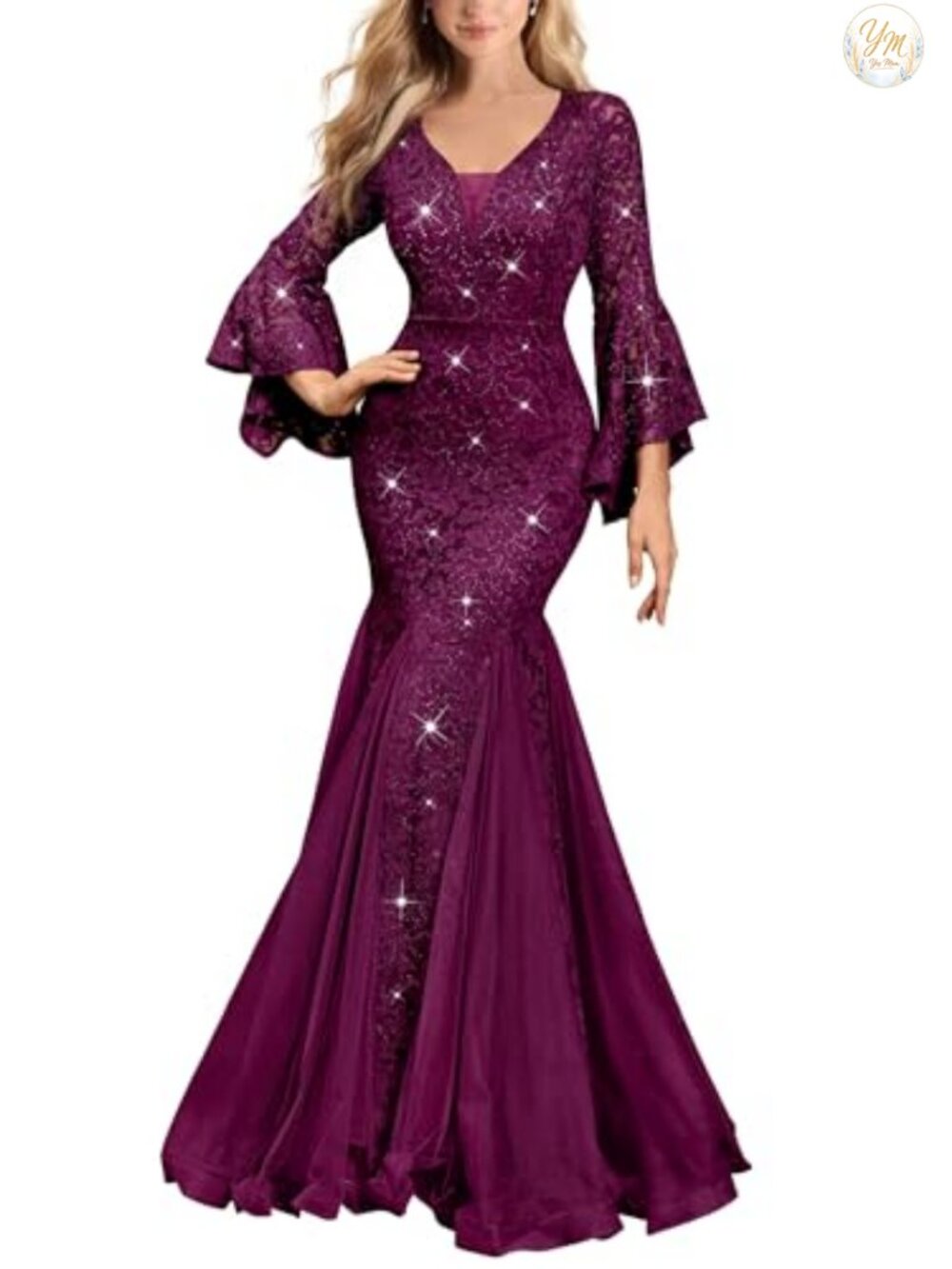 Sequin Lace Mesh Tulle Mermaid Formal Evening Gown Bell Sleeve V Neck